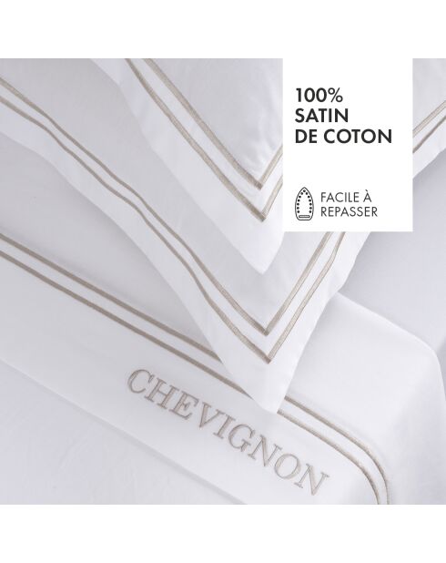 Parure drap plat + drap-housse + taies rectangles en satin de coton Bastia Taupe / Blanc