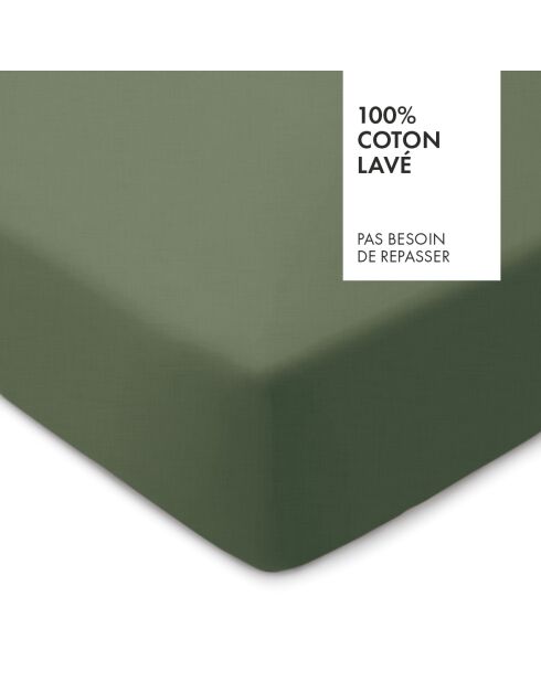 Drap-housse en coton lavé Uni Vert foncé