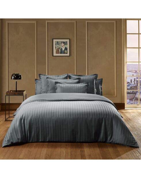Parure housse de couette en satin de coton à rayures dobby tissées Gris foncé