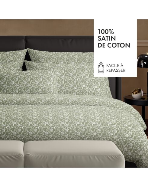 Parure housse de couette en satin de coton Fleurs Vert