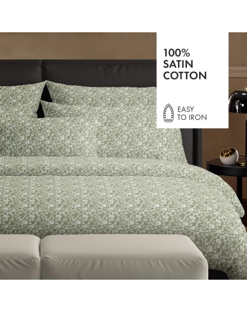 Parure housse de couette en satin de coton Fleurs Vert