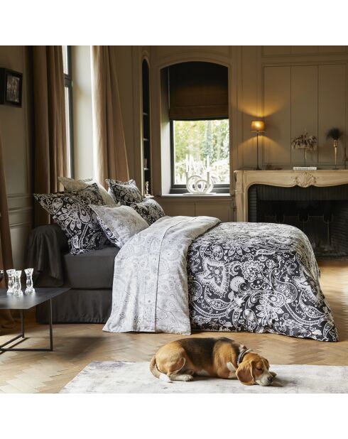 Parure housse de couette en satin de coton à motif cachemire noir