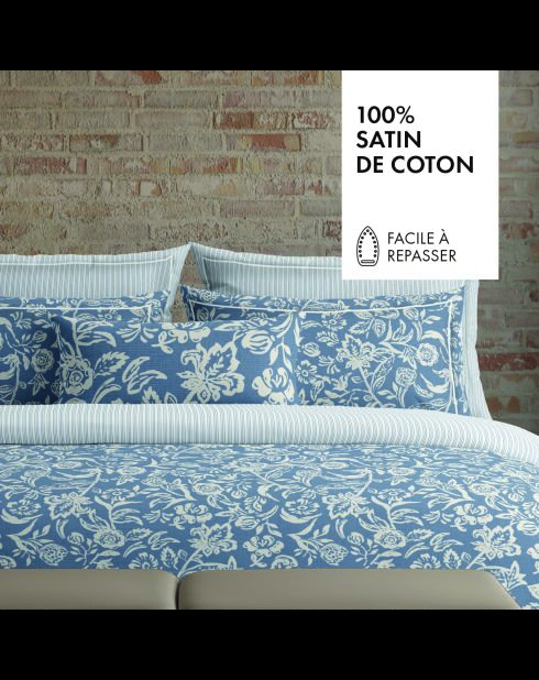 Parure housse de couette en satin de coton - Bleu jardin Bleues
