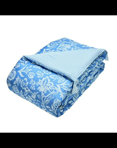 Couverture à pompons en satin de coton - Bleu jardin - 140x200 cm