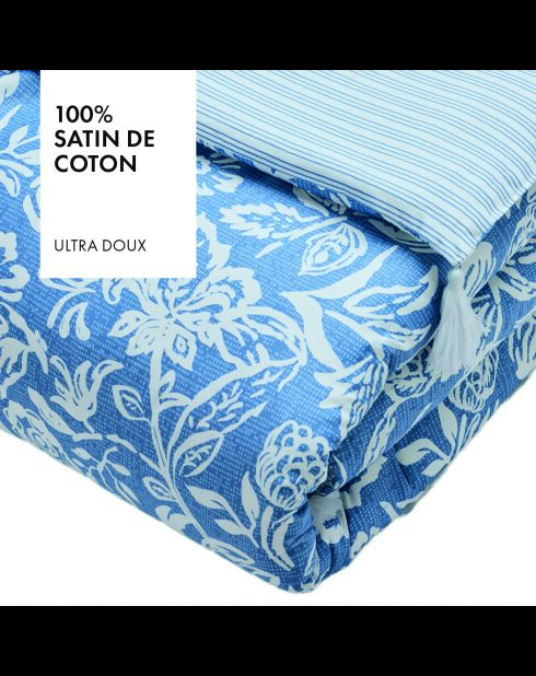 Couverture à pompons en satin de coton - Bleu jardin - 140x200 cm