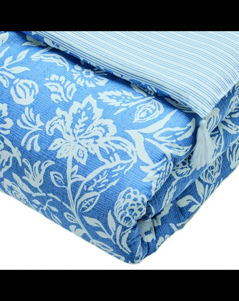 Couverture à pompons en satin de coton - Bleu jardin - 140x200 cm