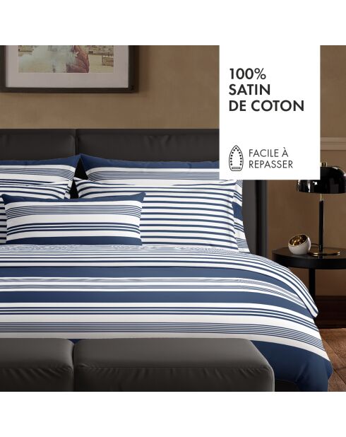 Parure housse de couette en satin de coton bleu Sylvestre