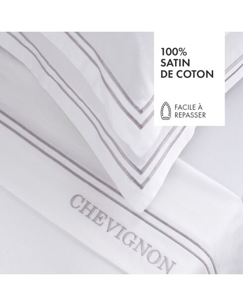 Parure drap plat + drap-housse + taies rectangles en satin de coton Bastia Gris / Blanc