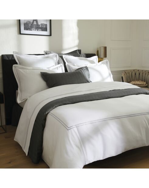 Parure drap plat + drap-housse + taies rectangles en satin de coton Bastia Gris / Blanc