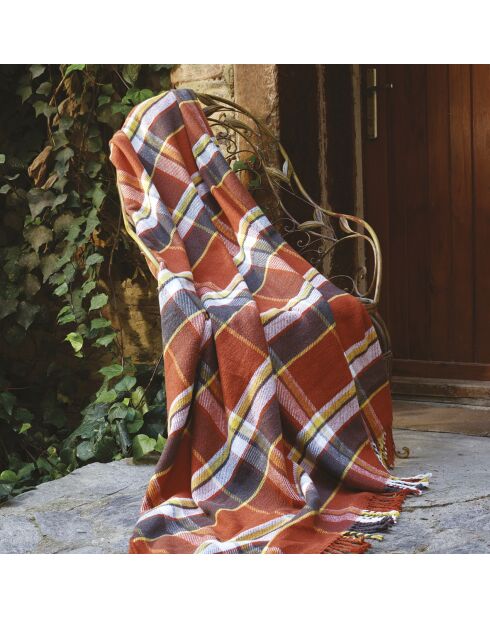 Plaid à carreaux tissé tartan orange/gris foncé - 130x180 cm