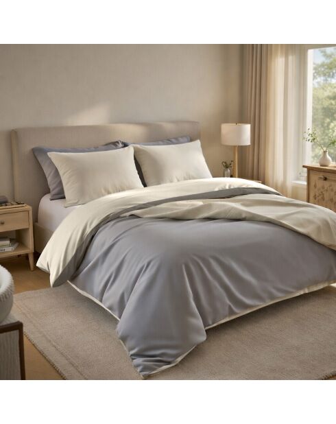 Housse de couette reversible en 100% percale de coton 70 fils naturelle et galet écrue