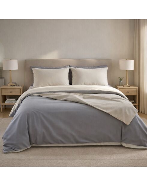 Housse de couette reversible en 100% percale de coton 70 fils naturelle et galet écrue