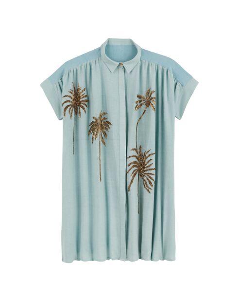 Robe chemise oversize en gaze de coton brodée Clovis bleue