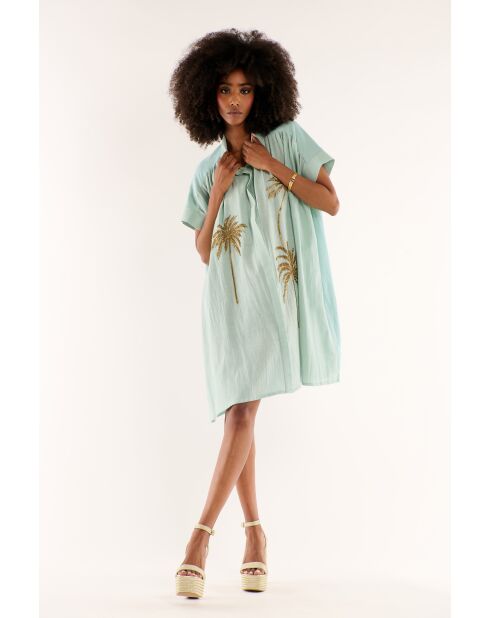 Robe chemise oversize en gaze de coton brodée Clovis bleue