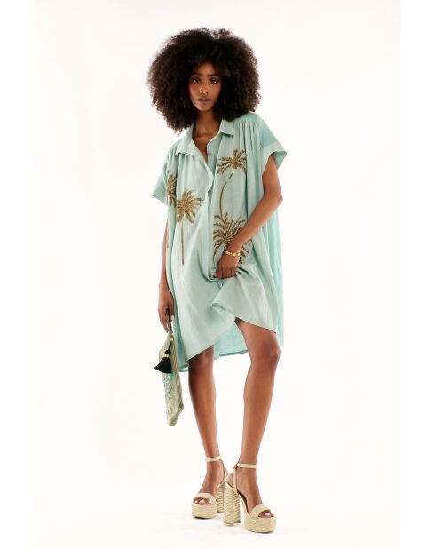 Robe chemise oversize en gaze de coton brodée Clovis bleue
