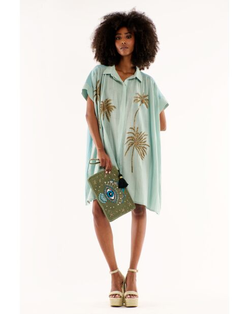 Robe chemise oversize en gaze de coton brodée Clovis bleue