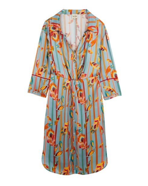 Robe chemise satinée motifs plumes Colibri bleue