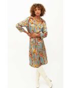 Robe chemise satinée motifs plumes Colibri bleue