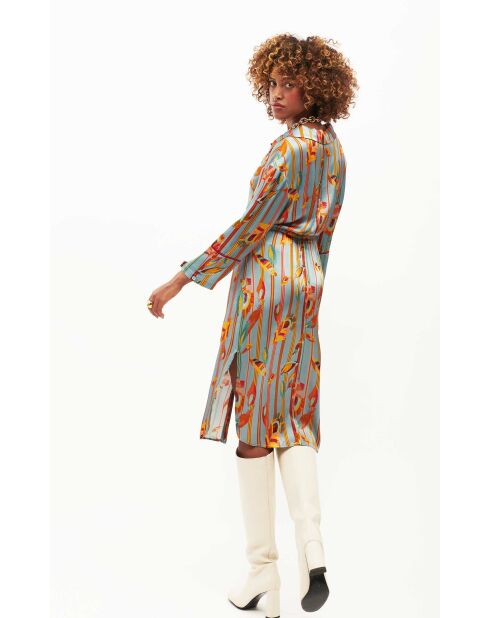 Robe chemise satinée motifs plumes Colibri bleue