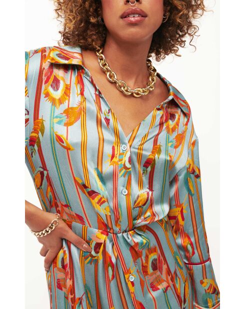 Robe chemise satinée motifs plumes Colibri bleue