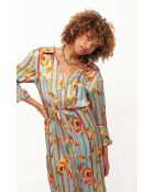 Robe chemise satinée motifs plumes Colibri bleue