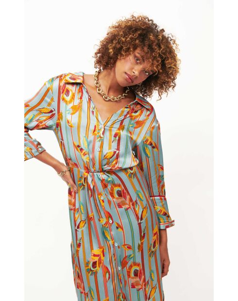 Robe chemise satinée motifs plumes Colibri bleue