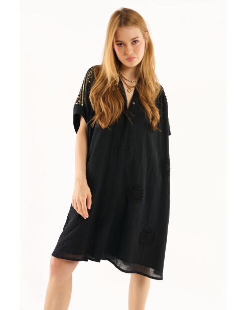 Robe courte en gaze de coton avec broderies Claire noire