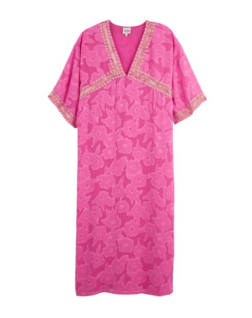 Robe longue fluide caftan brodée Justine rose