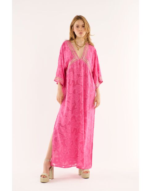Robe longue fluide caftan brodée Justine rose