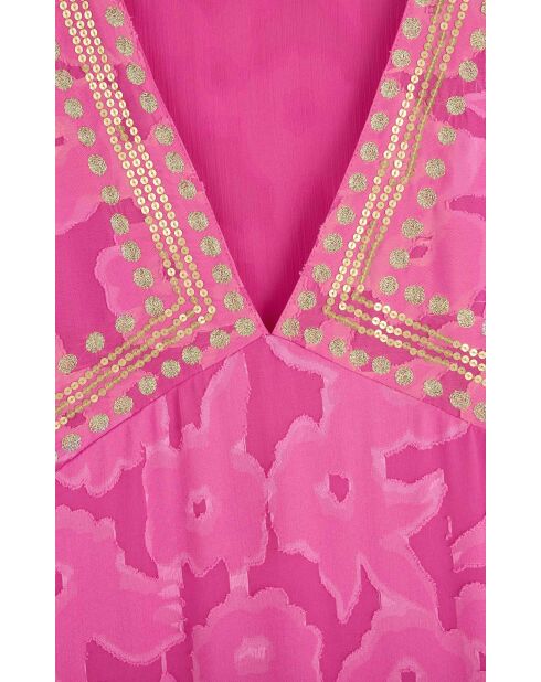 Robe longue fluide caftan brodée Justine rose