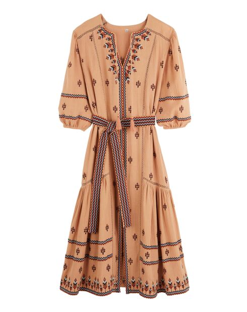 Robe droite longue manches avec broderies Serena beige
