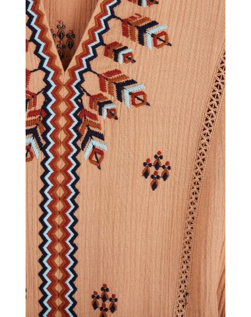 Robe droite longue manches avec broderies Serena beige