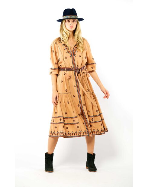 Robe droite longue manches avec broderies Serena beige