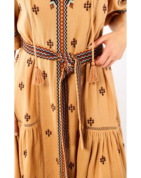 Robe droite longue manches avec broderies Serena beige