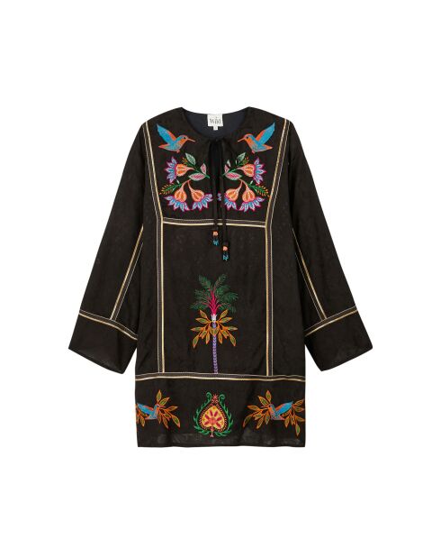 Robe courte à manches longues et broderies Fara noire