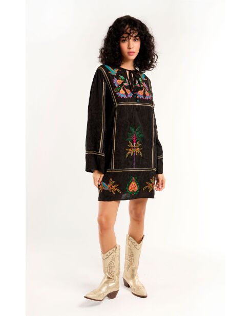 Robe courte à manches longues et broderies Fara noire