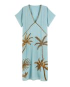 Robe caftan gaze de coton brodée de palmiers Annie bleue