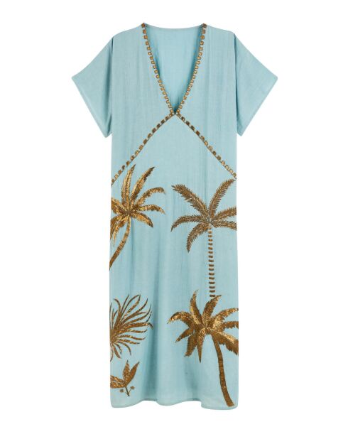 Robe caftan gaze de coton brodée de palmiers Annie bleue