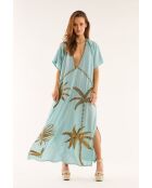 Robe caftan gaze de coton brodée de palmiers Annie bleue