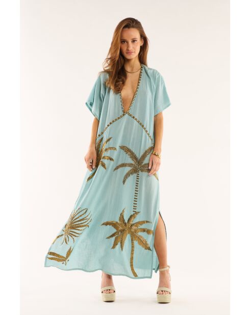 Robe caftan gaze de coton brodée de palmiers Annie bleue