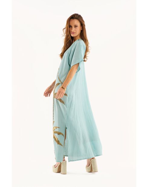 Robe caftan gaze de coton brodée de palmiers Annie bleue