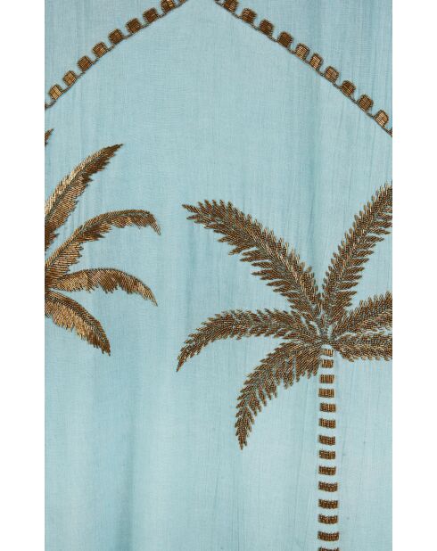 Robe caftan gaze de coton brodée de palmiers Annie bleue