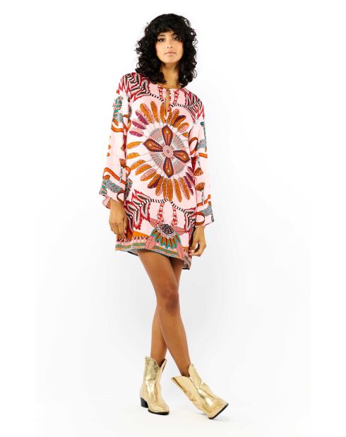 Robe courte manches longues à motifs Come rose