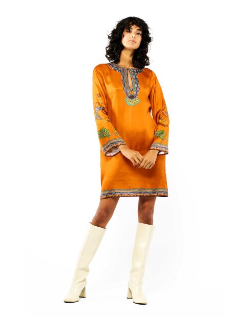 Robe courte manches longues à motifs ethnique Ezra marron