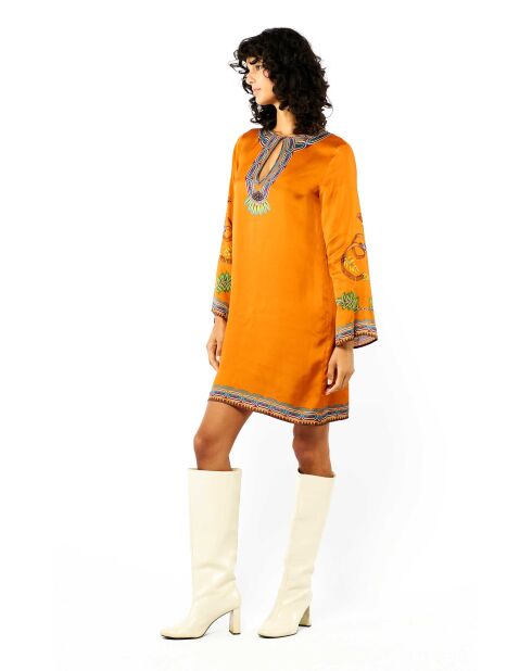 Robe courte manches longues à motifs ethnique Ezra marron