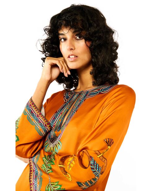 Robe courte manches longues à motifs ethnique Ezra marron