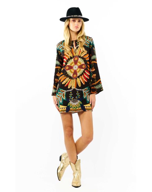 Robe courte manches longues à motifs Come noire