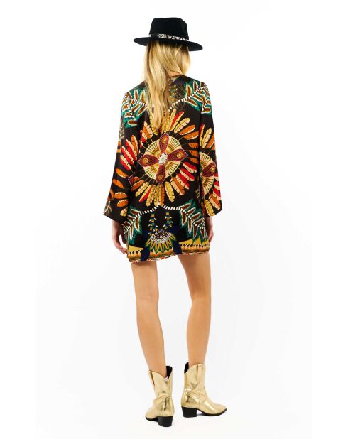Robe courte manches longues à motifs Come noire