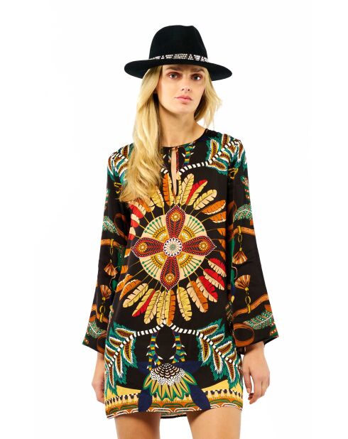 Robe courte manches longues à motifs Come noire