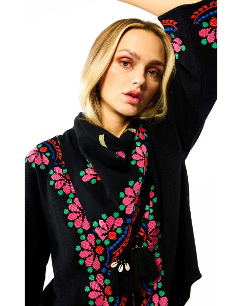 Foulard en gaze de coton brodé Ocampo noir